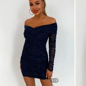 Joyfunear Off Shoulder Wrap Ruched Glitter Dress